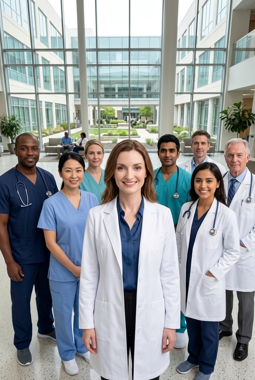 Dr. Hannah Griffin standing with the clinical care team in the sunlit atrium of the medical building.