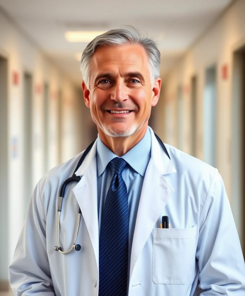 Portrait of a physician in a white coat and tie in a clinic setting.