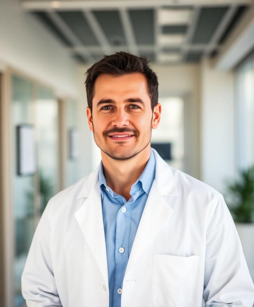 Portrait of a physician in a white coat in a clinic setting.