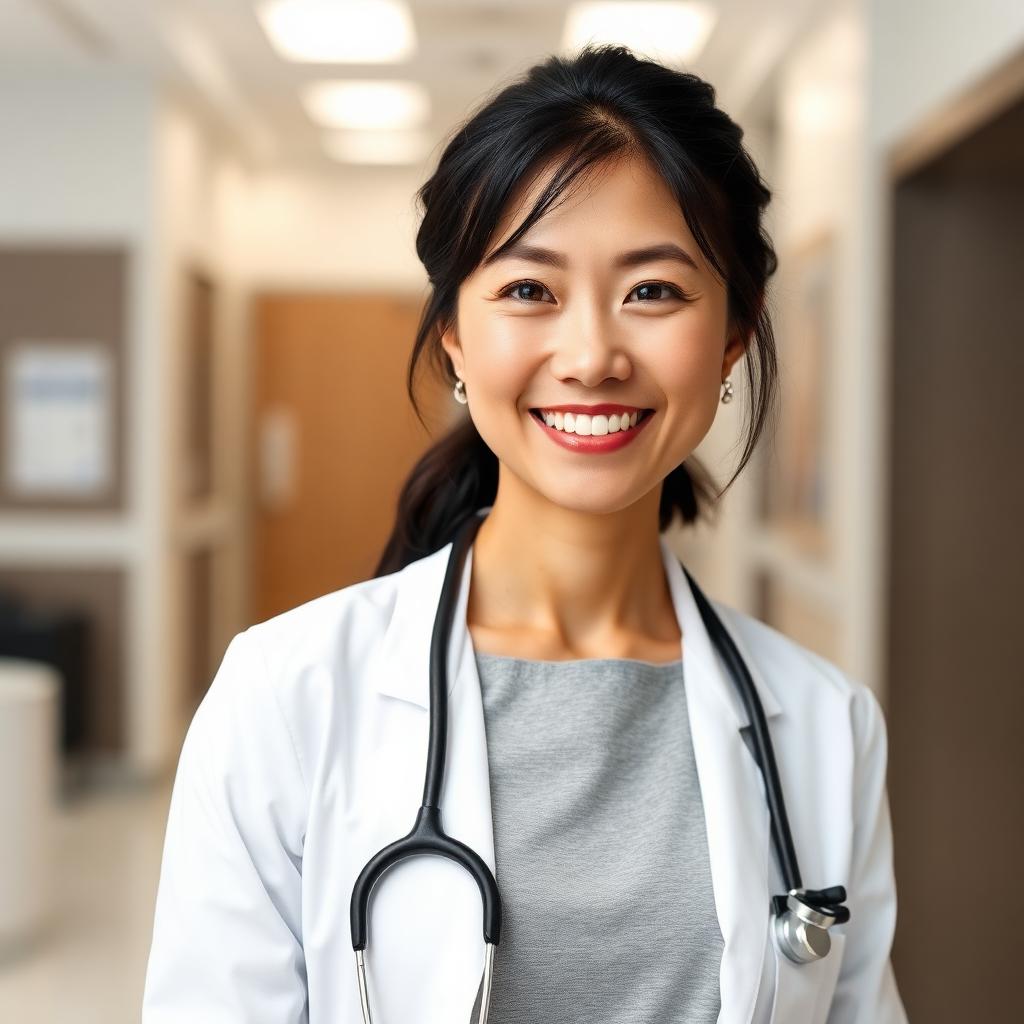 Portrait of a physician in a white coat in a clinic corridor.